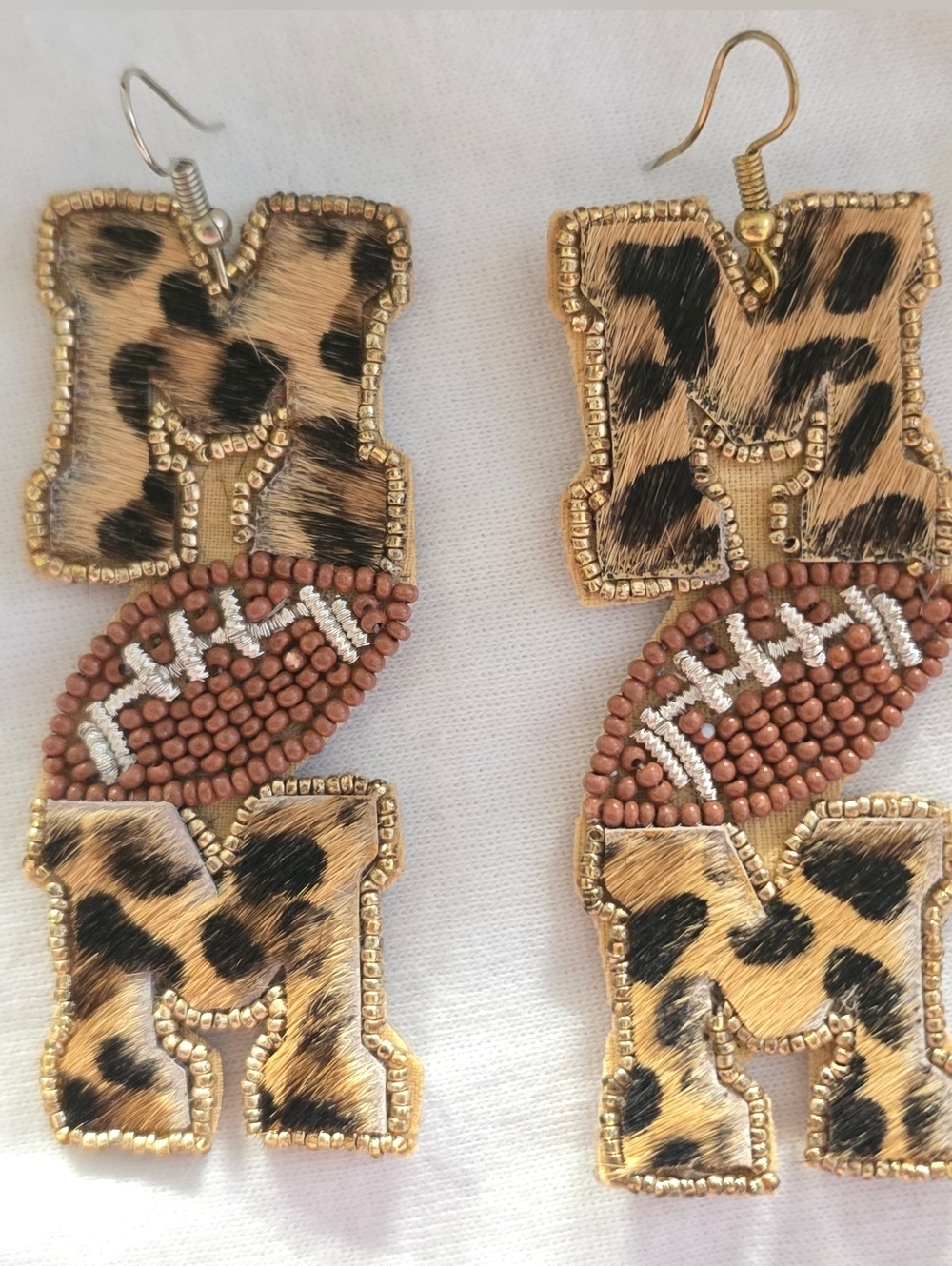 Football Earrings Leopard Beaded Game Day Drop Earrings Gold Brown 3in New